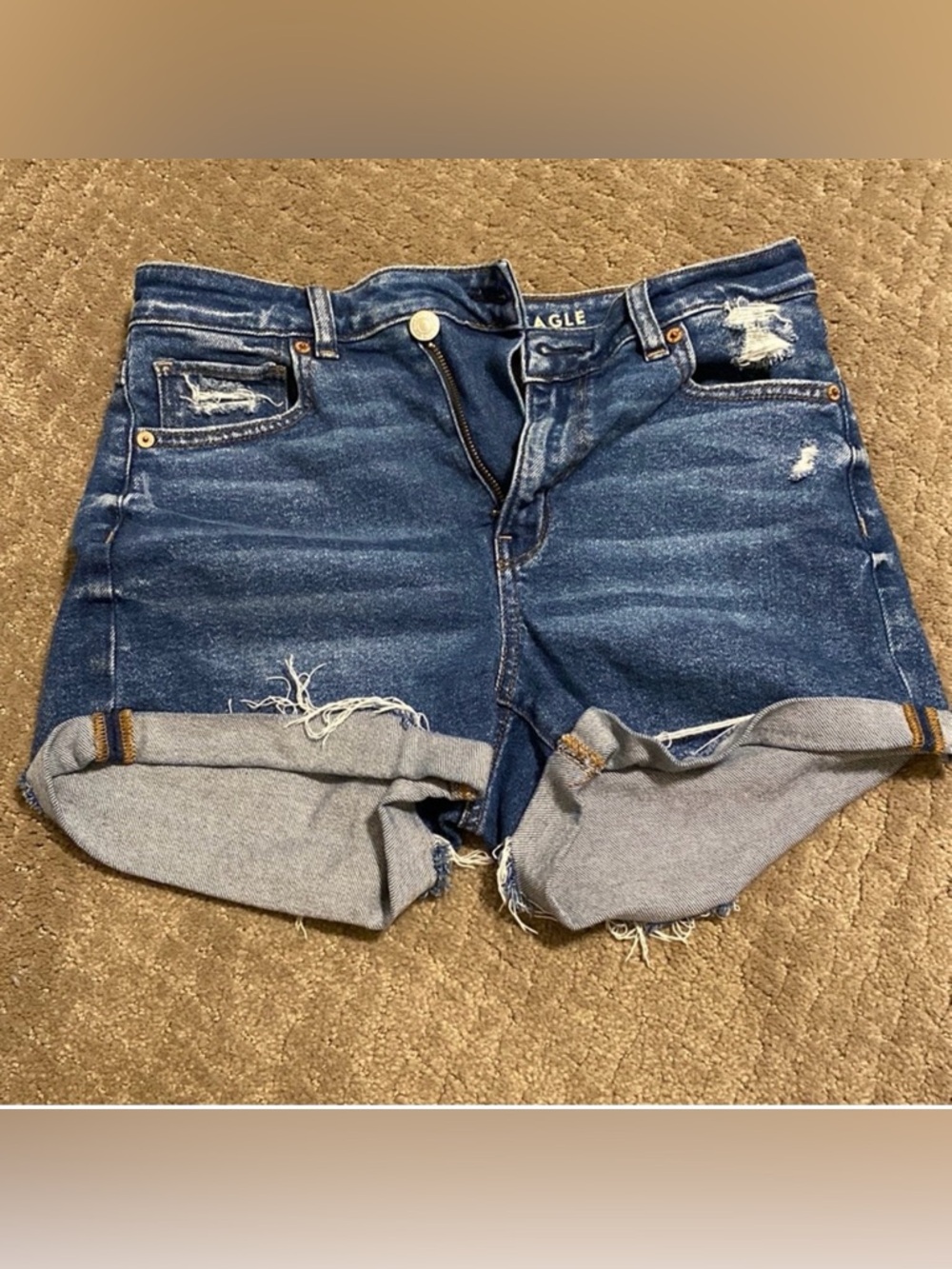American Eagle Outfitters Dark Blue Distressed Rolled Hem Denim Mom Shorts